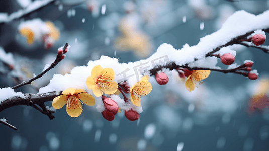 腊梅孔雀摄影照片_雪中盛放的寒梅特写