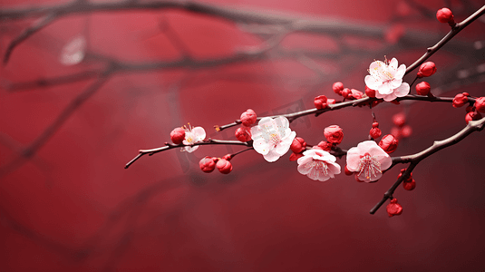 梅花图摄影照片_寒冬娇艳的腊梅花自然美景摄影图红色背景