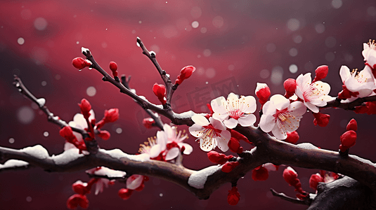 冬天娇艳的腊梅花摄影图红色背景