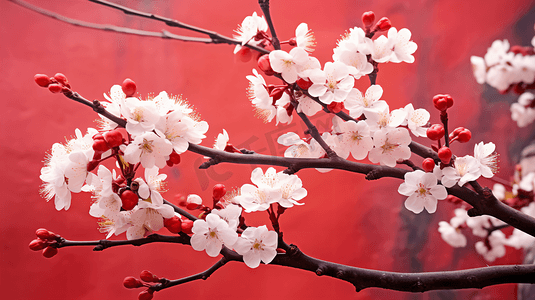 自然景色冬天冬日植物花朵盛开的腊梅花摄影图高清图片红色背景