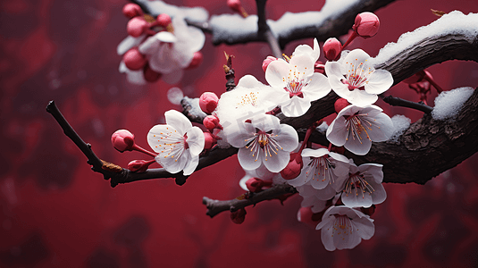 寒冬娇艳的腊梅花自然美景摄影图红色背景