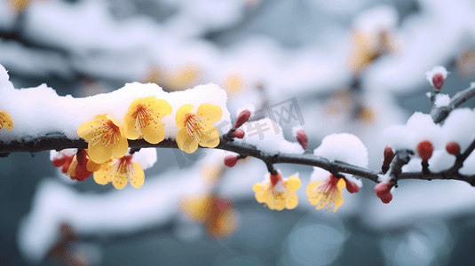 积雪中盛放的黄腊梅特写摄影图片花朵美景