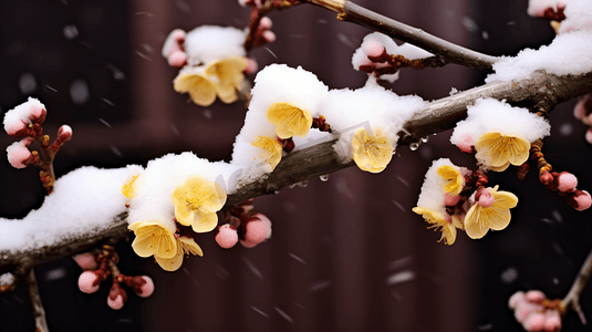 雪中盛放的寒梅特写