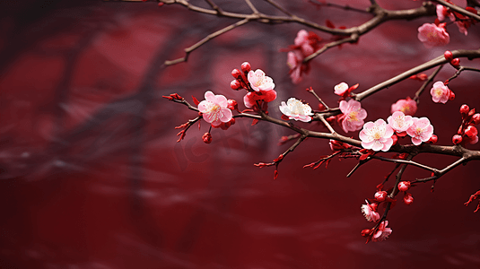 冬天植物摄影照片_寒冬冬季娇艳的腊梅花自然美景摄影图红色背景