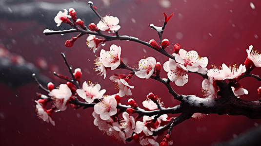 寒冬冬天娇艳的腊梅花自然美景红色背景高清图片