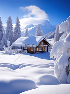 大雪后的雪景森林房子素材