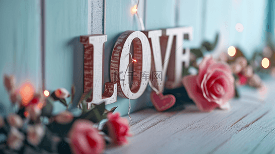 爱love背景图片_清新蓝色情人节花朵和木板上的LOVE素材