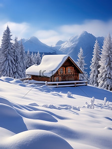 房子天空背景图片_大雪后的雪景森林房子背景图片
