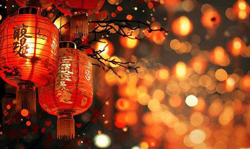 中国风红背景摄影照片_中国红春节红灯笼