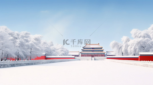小雪背景图片_中国古建筑的雪景白雪设计