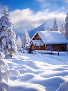 大雪后的雪景森林房子设计