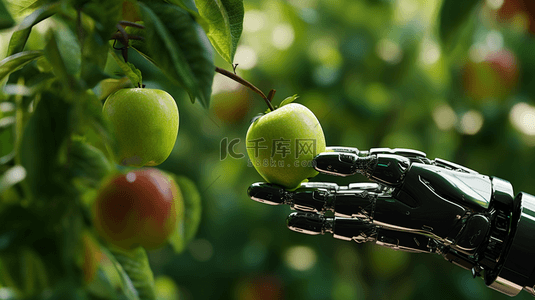 高科技机器人手采摘苹果的背景图1