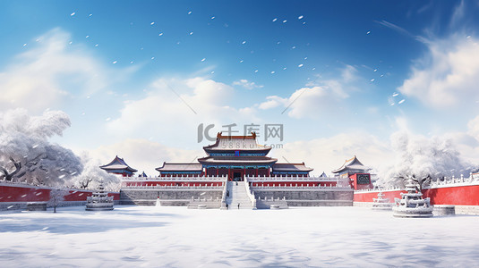 中国古建筑的雪景白雪背景图片