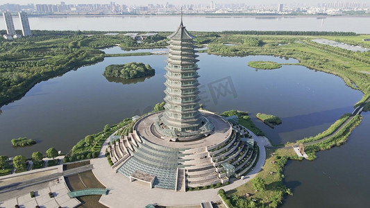 航拍杭州地标建筑中国水利博物馆晴天
