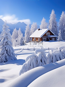 房子天空背景图片_大雪后的雪景森林房子背景图