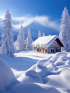 房子天空背景图片_大雪后的雪景森林房子背景图