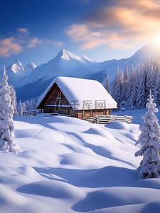 大雪后的雪景森林房子素材