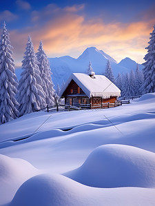 房子天空背景图片_大雪后的雪景森林房子背景