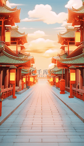 立体年货节背景图片_中国风年货节立体中式门楼建筑2图片