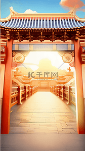 中国风国潮建筑背景图片_中国风年货节立体中式门楼建筑25背景图片