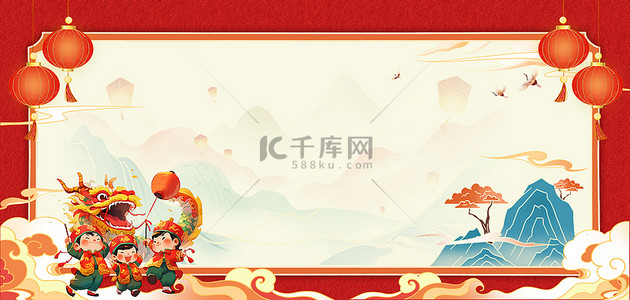 红色的书船背景图片_龙年舞龙迎春边框红色中国风背景图片