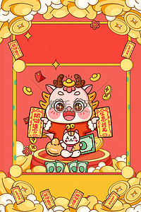 国潮中国风卡通新年春节年俗招财神背景