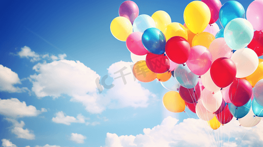 童趣玩具摄影照片_蓝天白云下的彩色气球
