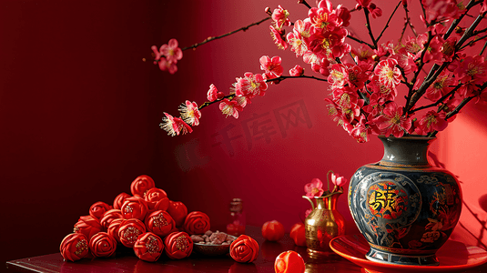 红色背景中国红摄影照片_中国红春节主题展示场景