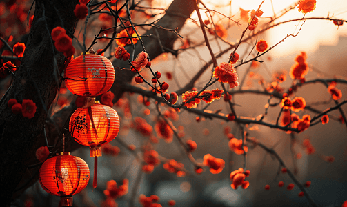 春节新年过年喜庆氛围树枝上挂着红灯笼