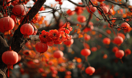 挂红灯笼摄影照片_春节新年过年喜庆氛围树枝上灯笼