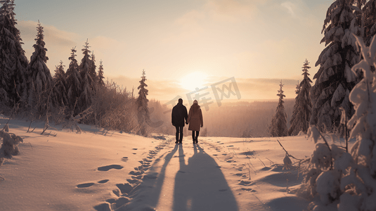 雪地里散步摄影照片_雪地里散步的情侣
