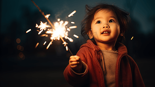 烟花棒摄影照片_新年春节氛围小朋友手拿烟花仙女棒烟火