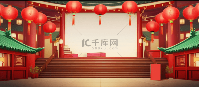 中式电商展台背景图片_红绿配色中式年货节电商展台素材