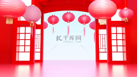 红色展厅背景图片_红色国风年货节中式门厅展厅背景