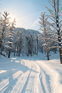 树木积雪摄影照片_阳光下的冬季户外树木积雪图片