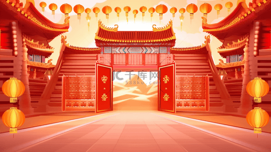 红色背景图片_红色国风中式开门红年货节门楼图片