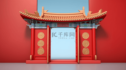 中国风国潮建筑背景图片_国风年货节立体中式门楼建筑图片