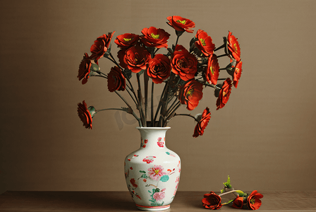 国风陶瓷摄影照片_复古中国风陶瓷花瓶里的花朵摄影图