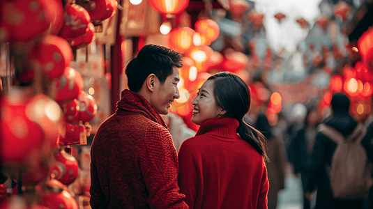 新年签喜庆海报摄影照片_春节新年身穿情侣装的人