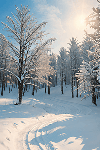 树木积雪摄影照片_阳光下的冬季户外树木积雪图2照片