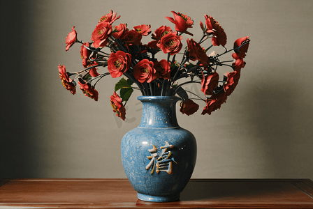 国风陶瓷摄影照片_中国风陶瓷花瓶插花图片6