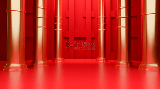建筑红色背景图片_红色国风中式年货节3D门厅廊柱设计图