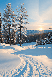 树木积雪摄影照片_阳光下的冬季户外树木积雪图4摄影配图
