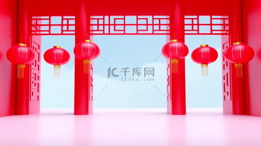 红色展厅背景图片_红色国风年货节中式门厅展厅素材