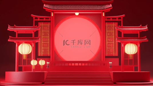 红色展厅背景图片_红色国风年货节3D电商展台设计图