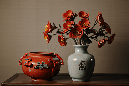 陶瓷中国风花瓶里的花图片4