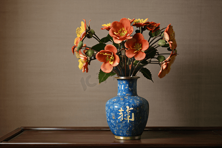 陶瓷中国风花瓶里的花摄影图4