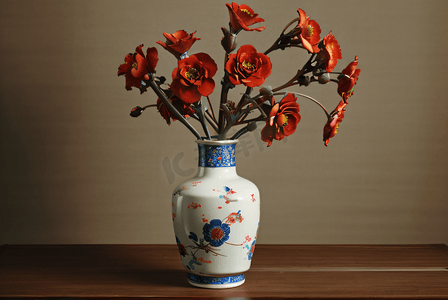 中插画摄影照片_陶瓷中国风花瓶里的花图片8