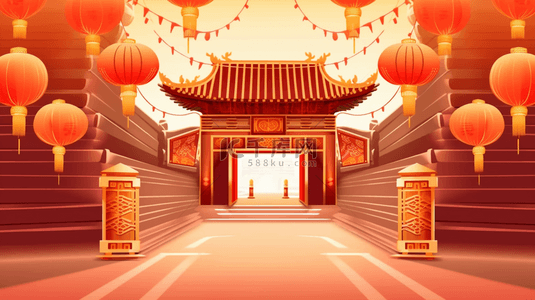 红色展厅背景图片_红色国风中式开门红年货节门楼图片