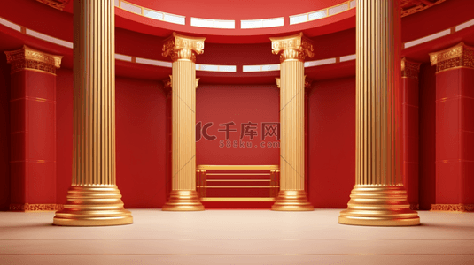 红色展厅背景图片_红色国风年货节3D中式门廊图片
